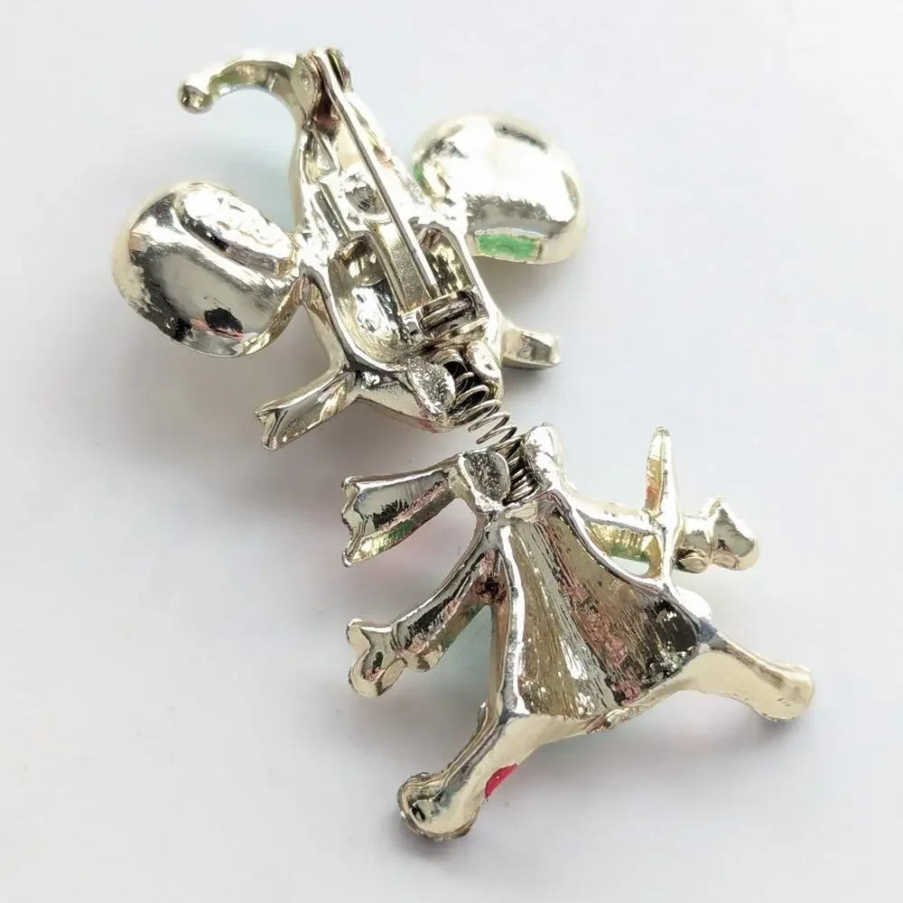 Vintage  JJ Silver Tone Whimsical Spring Bobble Head Christmas Mouse Brooch